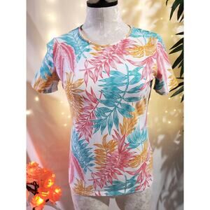 Talbots Petite Tropical Fronds Classic Crew Neck Short Sleeve Tee Women's S Top